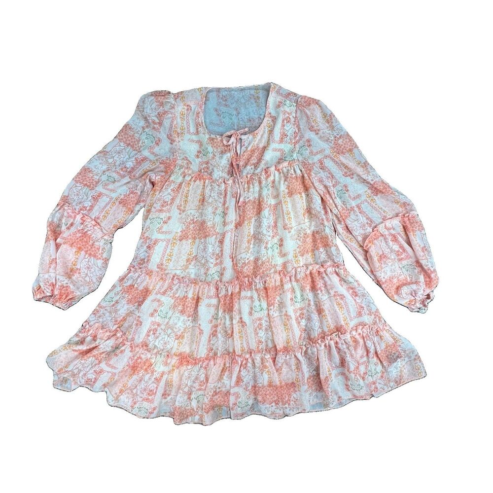 Shein Tiered Coral Orange Mini Babydoll Dress Longsleeve Sz M Flowy Boho Floral
